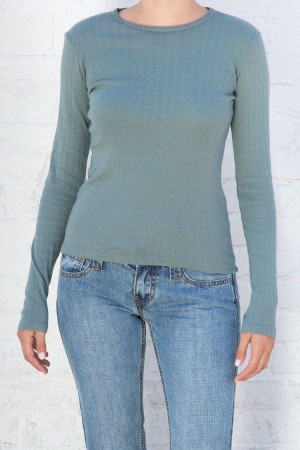 Turquoise Brandy Melville Leah Scallop Eyelet Long Sleeve Tops | USA 63258-PRQE