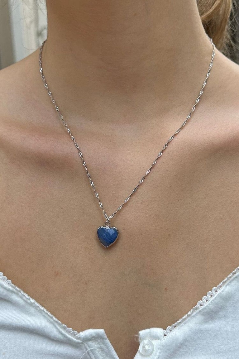 Silver Brandy Melville Blue Heart Necklace | USA 70428-PFYQ